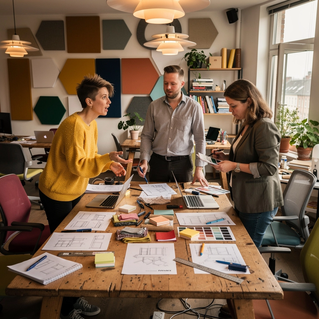 Moderne Büroumgebung mit flexiblen Arbeitsbereichen und akustischen Trennwänden.